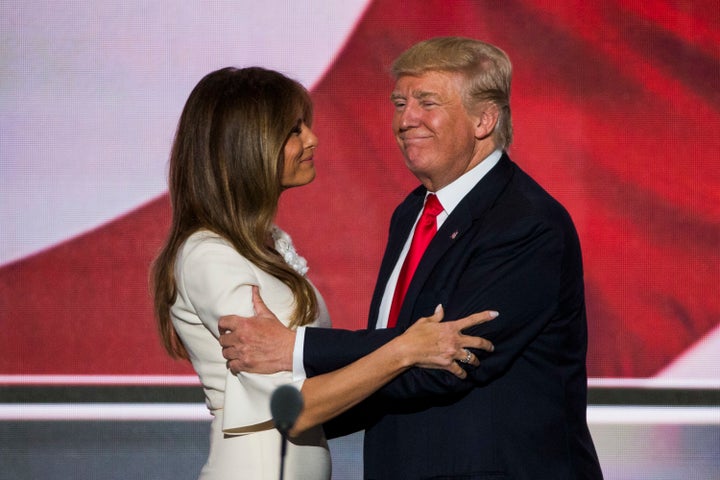 Republican nominee Donald Trump greets his wife Melania after his keynote address to the Republican Convention, July 21, 2016 in Cleveland, Ohio.