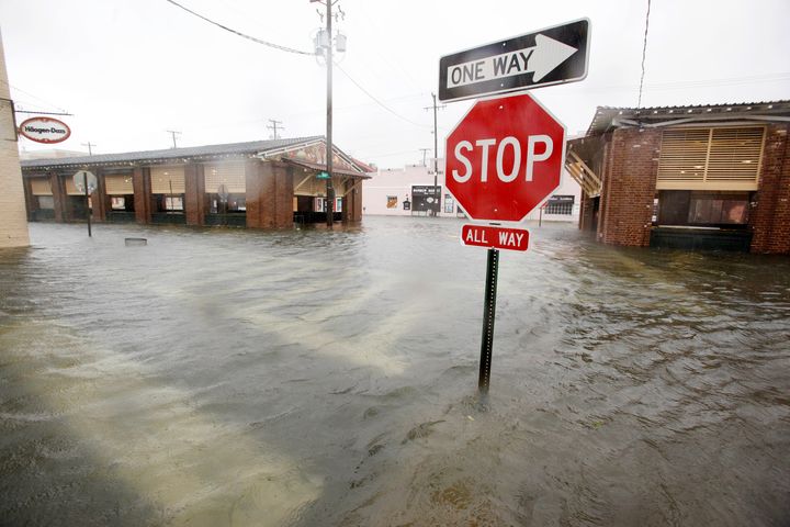 Flood waters submerge the historic city market area as Hurricane Matthew hits Charleston, South Carolina October 8, 2016.