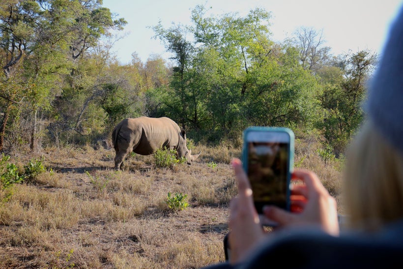 A visitor to Makalali photographs a white rhino. Makalali conservancy offers people opportunities for eco-tourism, involving
