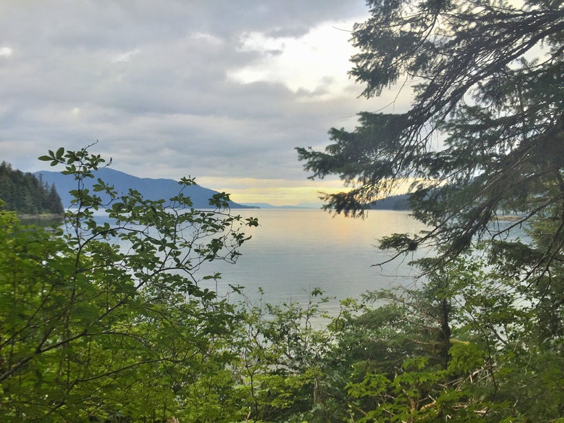 A glimpse of sunset on Eva Lake from the trail