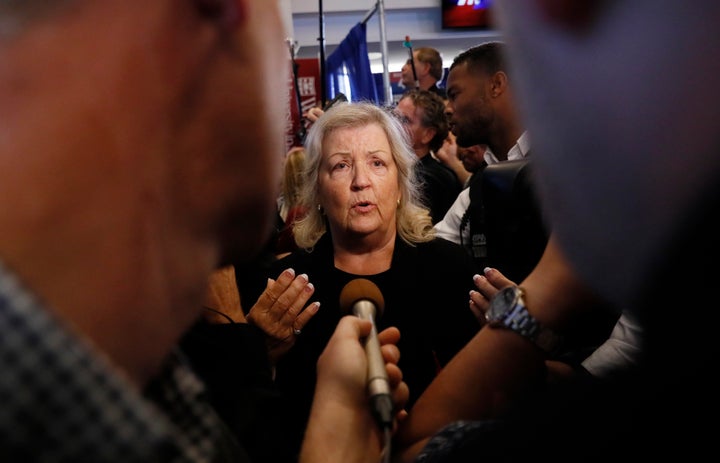 Juanita Broaddrick speaks in the spin room after Sunday's debate.