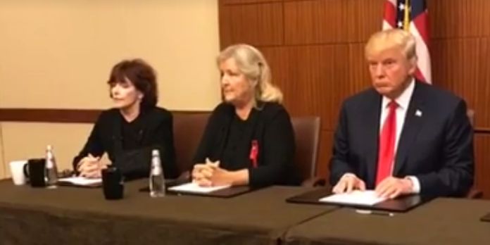Kathleen Willey (left) and Juanita Broaddrick (middle) appeared in an Oct. 9, 2016 news conference with Republican presidential nominee Donald J. Trump. Along with Paula Jones (not pictured), they have all alleged sexual assault by Bill Clinton in the past, and stated their support for Trump.