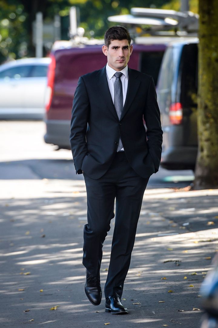 <strong>Footballer Ched Evans outside at Cardiff Crown Court where he is on trial accused of raping a woman in May 2011</strong>