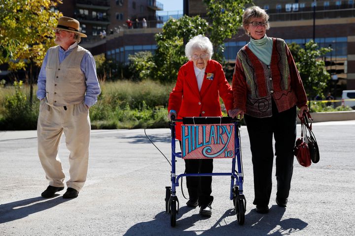Ruline Steininger, 103, arrives at a Hillary Clinton rally.