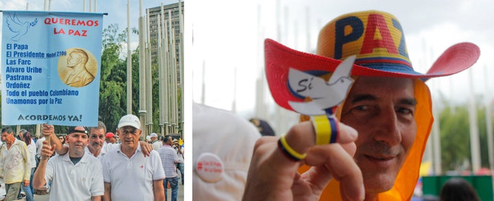 Medellín locals Albert Suñiga, Jesus Negía and Eugenio Velez join a pro-peace gathering in downtown Medellín on October 7 with a poster calling for a peace agreement to be reached now. Another Medellín local wears a hat reading "peace" and a dove on his finger that reads "yes."