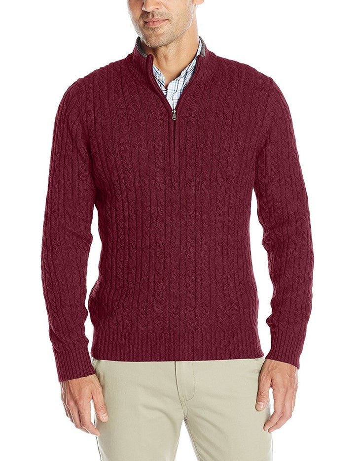 <a href="https://www.amazon.com/dp/B01IE4RKWY/ref=twister_B00KNQTSUY?th=1&psc=1" target="_blank">IZOD Men's Cable Solid 1/4 Zip Sweater, $42.99+</a>