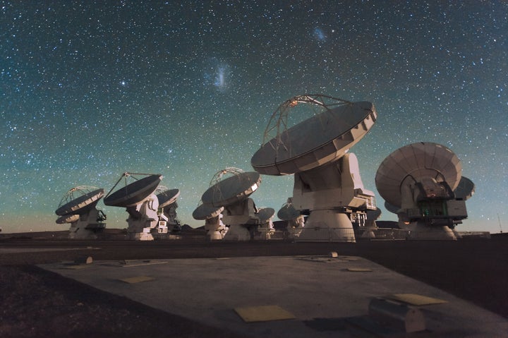 Antennas of the European Southern Observatory's Atacama Large Millimeter/submillimeter Array ALMA facility on the Chajnantor Plateau in the Chilean Andes.