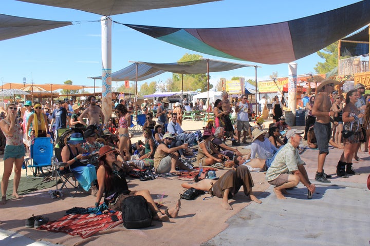 Attendees at Joshua Tree Music festival enjoying their Saturday watching NYC-based band TriBeCaStan perform. 