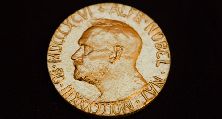 The front of the Nobel medal is seen in this picture from Dec. 8, 2010.