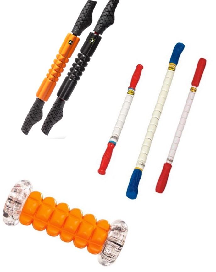Left: Trigger Point Grid Stick Roller; Right: The Stick roller; Bottom: Trigger Point NANO Foot Roller