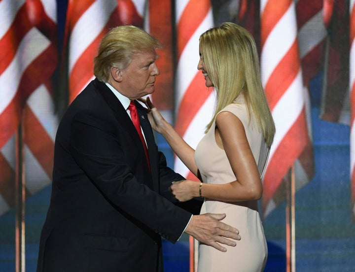 Republican presidential candidate Donald Trump greets his daughter Ivanka after she delivered a speech on the final night of the Republican National Convention.