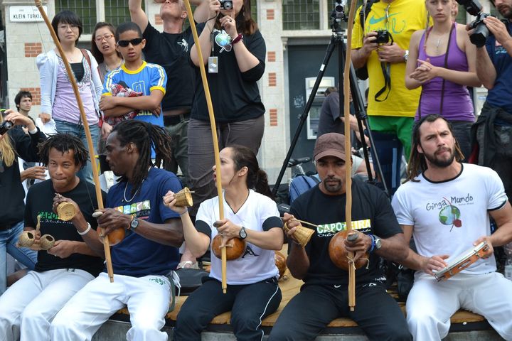 The Berimbau, seen above, is the signature instrument of Capoeira and produces the signature sounds which determine the speed, rhythm, and style of various games.