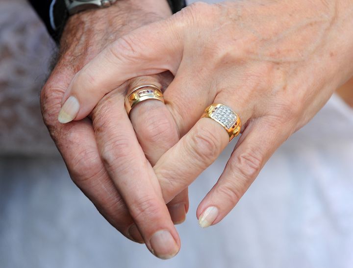 For their anniversary, Jim added hearts, made from gold he found with his metal detector, to their wedding bands. 
