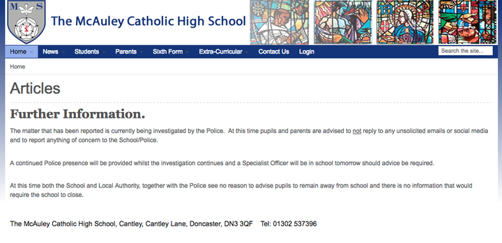 The McAuley Catholic High School posted a statement online saying the matter had been reported to the police.