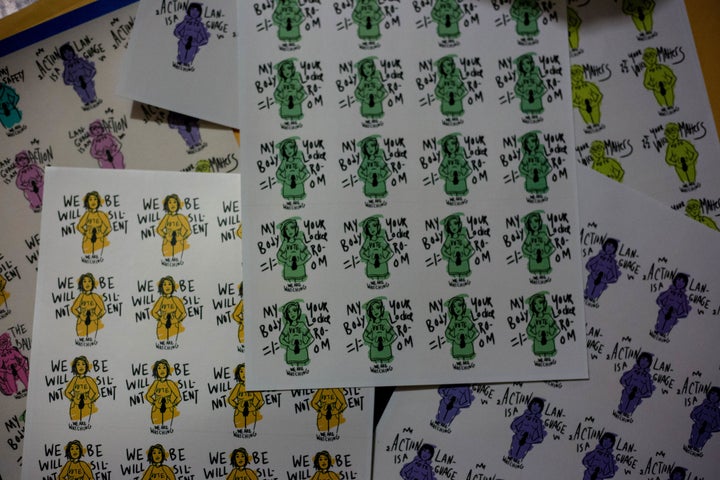 Stickers for the protest created by Isabel Kim, Syra Ortiz-Blanes, and Amanda Silberling.