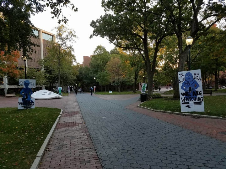 We Are Watching's "YOUR BODY, YOUR BALLOT" artwork on campus during Tuesday morning's protest.