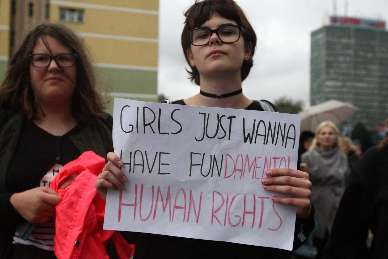 Women protest in response to a proposed bill to ban abortion in Poland, in Gdansk, Poland, on October 3, 2016.