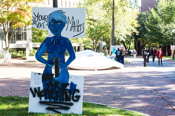 We Are Watching's "YOUR BODY, YOUR BALLOT" artwork on campus during Tuesday morning's protest.