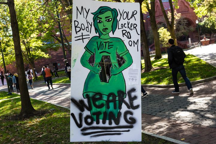 We Are Watching's "YOUR BODY, YOUR BALLOT" artwork on campus during Tuesday morning's protest.