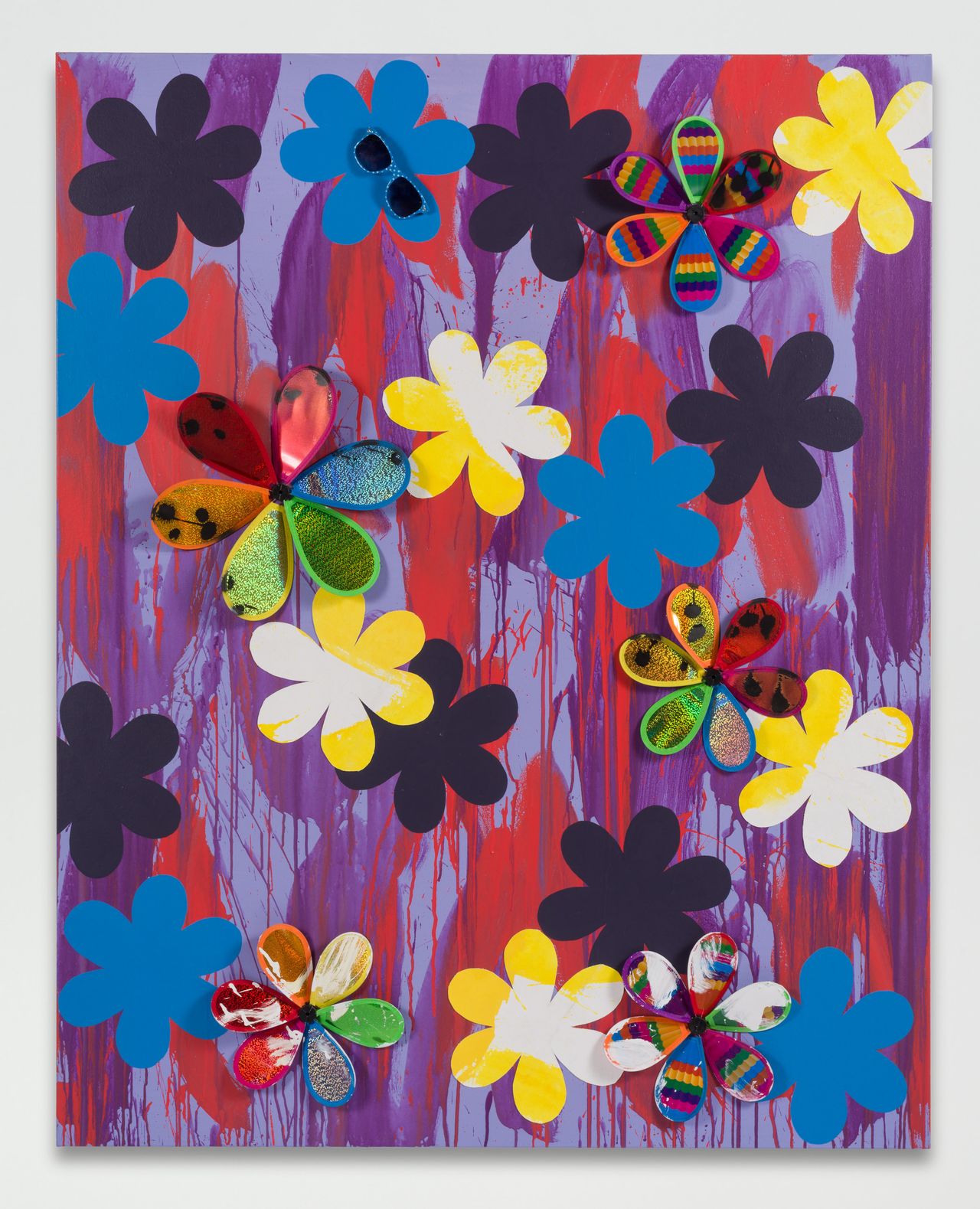 Sarah Cain, "Emily," 2016. Sunglasses, acrylic paint, canvas, and pinwheels on canvas, 60 x 48 inches.