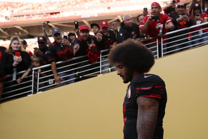 Colin Kaepernick walks on the field prior to an NFL game against the Arizona Cardinals at Levi's Stadium on October 6, 2016 in Santa Clara, California.
