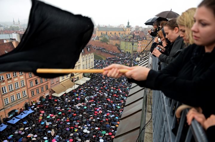 Thousands take part in a nationwide strike and demonstration to protest against a legislative proposal for a ban on abortion on October 3, 2016 in Warsaw, Poland.