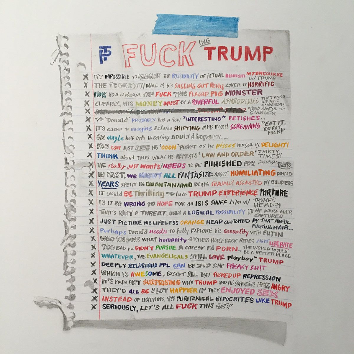 William Powhida, "Fuck(ing) Trump," 2016, graphite, colored pencil, and watercolor on paper, 24 x 18 inches (61 x 45.7 cm)