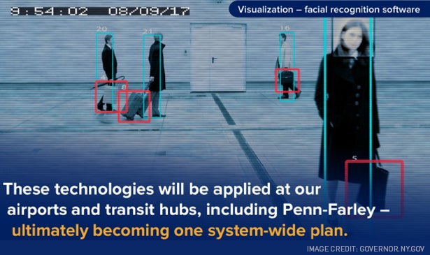 Pictured: A slide on facial recognition technology from Gov. Andrew Cuomo's "Reimagining New York's Crossings" presentation.