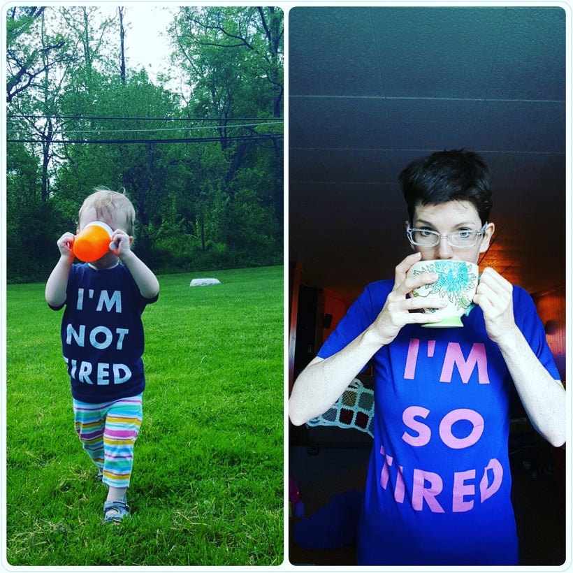 Matching mommy and me shirts. Apparently, only one of us is tired.