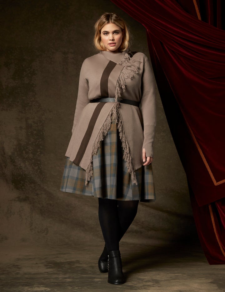 Outlander Fringe Trim Wrap Front Cardigan, $64.90, and Tartan 1940s Dress, $68.90