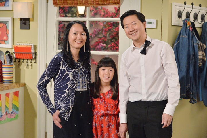 Ken Jeong with his wife, Tran, and his daughter, Zooey, on the set of "Dr. Ken."