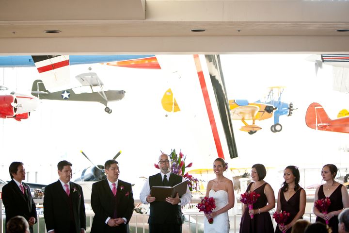 We held the ceremony and reception in the event space overlooking the Great Gallery at the Museum of Flight in Seattle, WA.