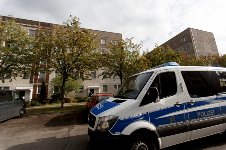 German police outside of the apartment building where hours earlier police arrested Syrian terror suspect Jaber Al-Bakr on October 10, 2016 in Leipzig, Germany.