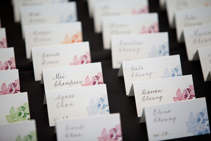 We found blank name cards with tropical flowers on them, which aligned with our travel-inspired wedding theme.