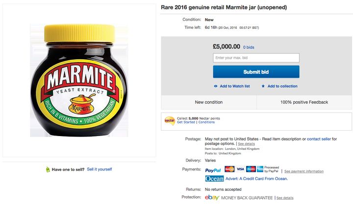 One savvy seller is advertising a jar of Marmite for £5,000 on eBay.