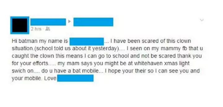 <strong>A Facebook massage reportedly from a child worried about the killer clown situation</strong>