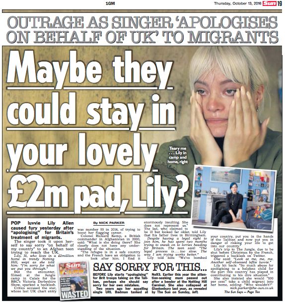 The Sun: 'Maybe they could stay in your lovely £2m pad, Lily?'