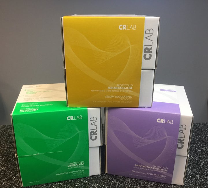 CRLab trichology line. Yellow is for sebum regulating. Green is for hair loss prevention. Purple is for moisturizing and anti dandruff.