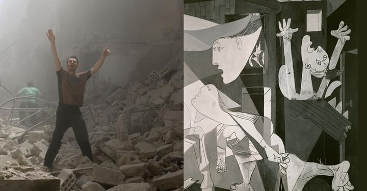 Picasso's "Guernica" juxtaposed with the destruction in Aleppo. (Getty/WorldPost Illustration)