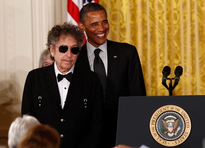 Bob Dylan, winner of the 2016 Nobel Prize for Literature, receives a Presidential Medal of Freedom from President Obama in 2012. 