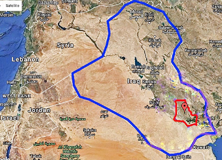 Outlined in red on this map, the Dhi Qar region of Iraq is where the first airport on Earth was created 5,000 years ago, according to Iraq’s transport minister, Kazem Finjan.