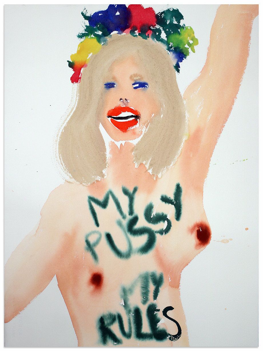 "My Pussy My Rules," 2016, watercolor on paper, 30 x 22 inches.
