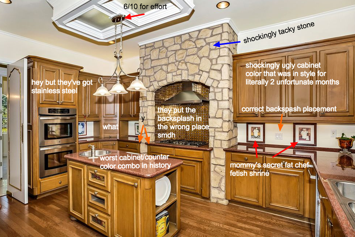 The kitchen of a <a href="http://www.mcmansionhell.com/post/150135343136/flower-mound-tx" target="_blank" role="link" class=" js-entry-link cet-external-link" data-vars-item-name="6,400-square-foot McMansion" data-vars-item-type="text" data-vars-unit-name="57ffb8e2e4b0e8c198a6a4b5" data-vars-unit-type="buzz_body" data-vars-target-content-id="http://www.mcmansionhell.com/post/150135343136/flower-mound-tx" data-vars-target-content-type="url" data-vars-type="web_external_link" data-vars-subunit-name="article_body" data-vars-subunit-type="component" data-vars-position-in-subunit="9">6,400-square-foot McMansion</a> built in 1994 -- Wagner argues that the so-called luxury interior finishes in many McMansions are trendy for a few years, but quickly make houses look dated.