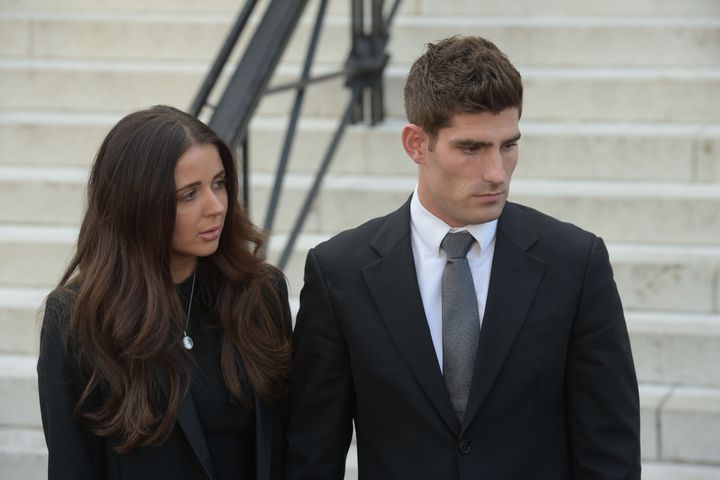 <strong>Ched Evans with his partner Natasha Massey outside Cardiff Crown Court, where he has been found not guilty of raping a teenager </strong>