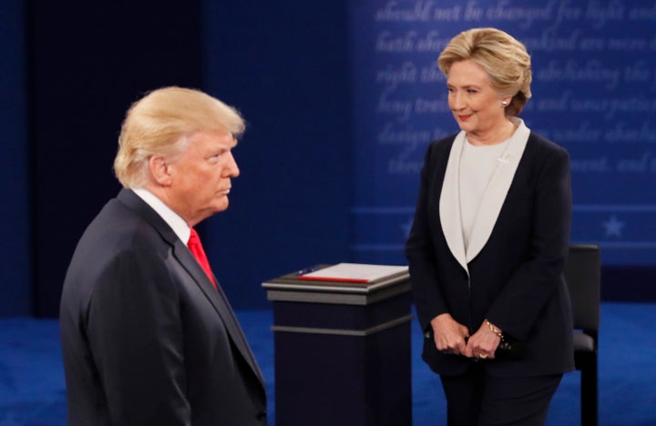 Republican presidential nominee Donald Trump speaks during the presidential town hall debate with Democratic nominee Hillary