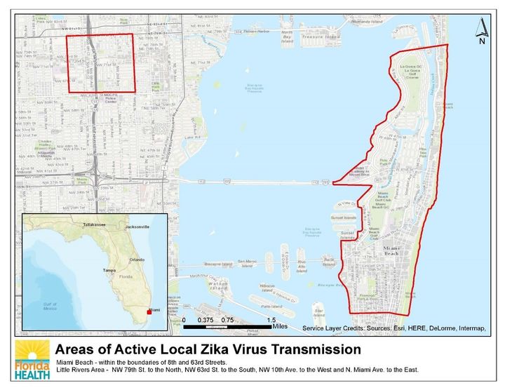 DOH has confirmed through our ongoing investigation that local transmission of Zika is occurring in a new small area in Miami-Dade County. The street boundaries are NW 79th St. to the North, NW 63rd St. to the South, NW 10th Ave. to the West and N. Miami Ave. to the East. This is about one square mile.
