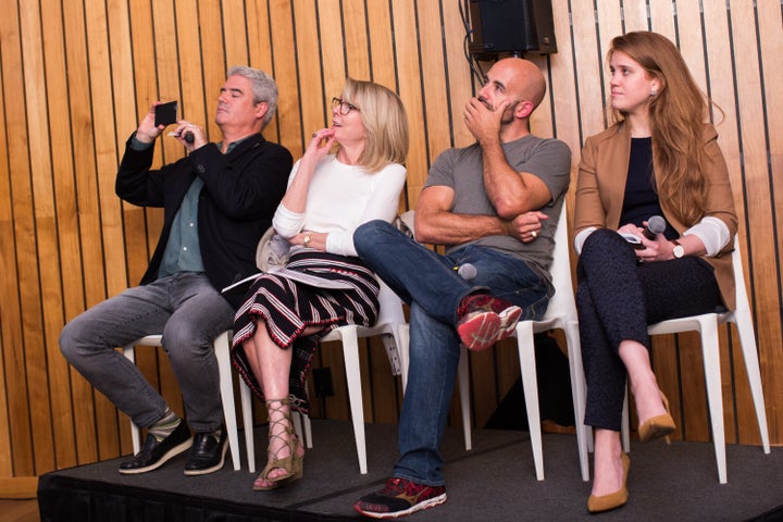 Investors Chris Fralic of First Round Ventures, Susan Lyne of BBG Ventures, Charlie O'Donnell of Brooklyn Bridge Ventures, and Heather Hartnett of Human Ventures judging the POOLpitch competition