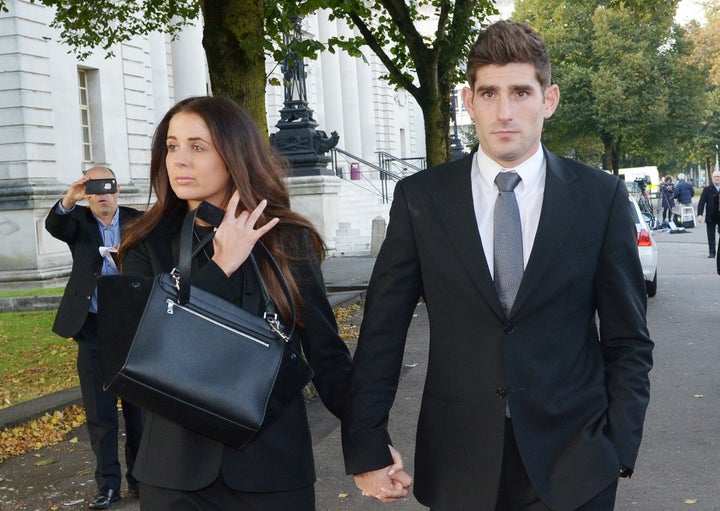 Natasha Massey (left) and her partner Ched Evans (right) outside Cardiff Crown Court