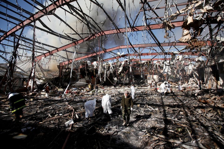 Saudi-led warplanes decimated a a funeral in Sanaa.