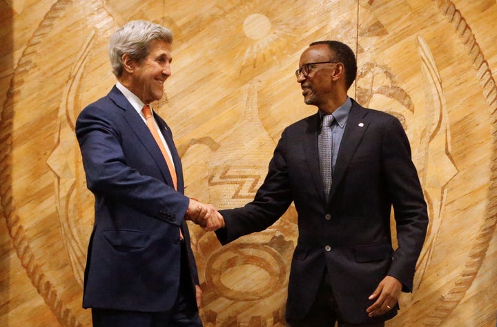 Secretary of State John Kerry and Rwanda's President Paul Kagame are seen during picture opportunity after holding bilateral meeting at the president’s office in capital Kigali on Friday.